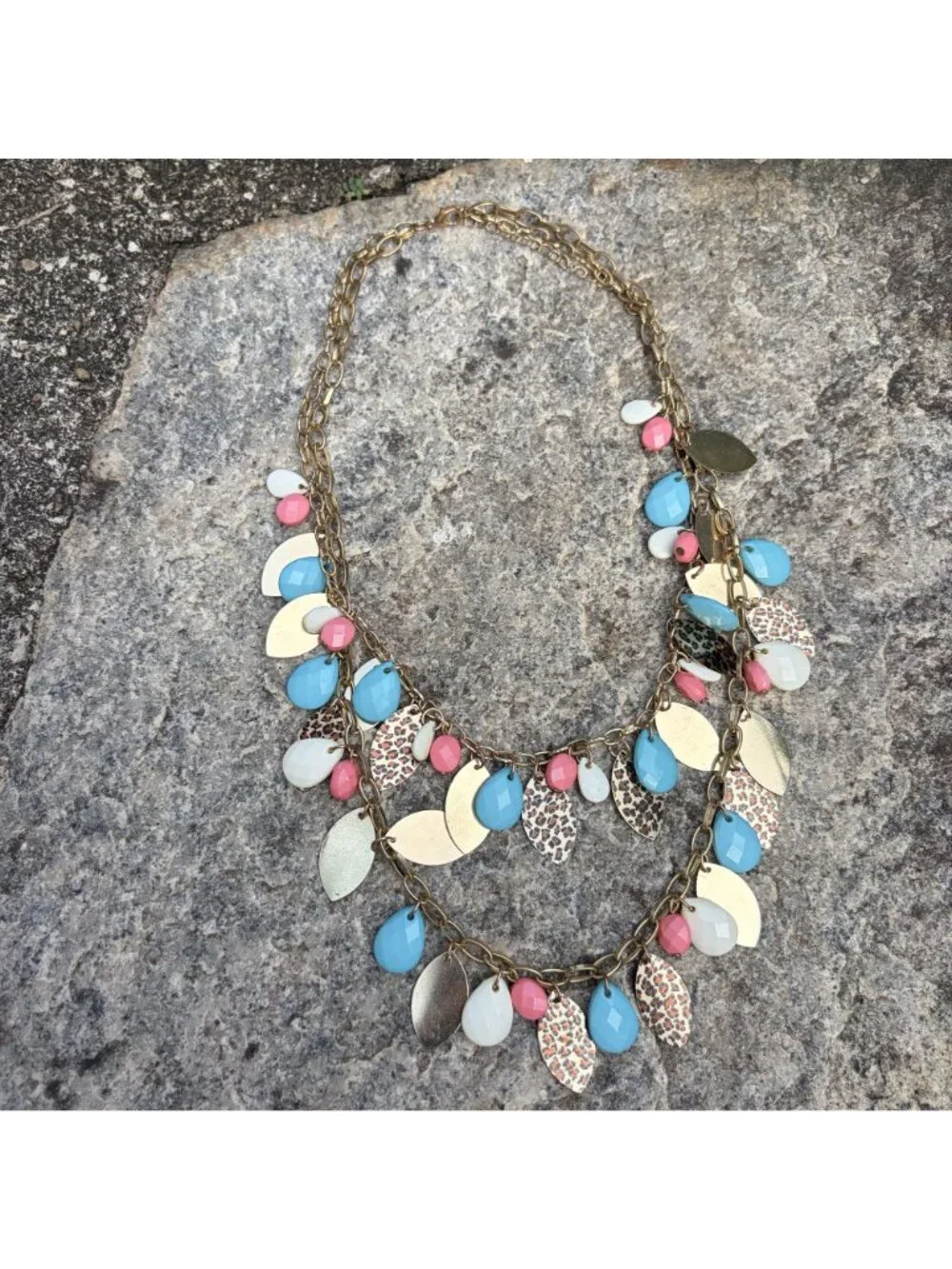 Y2K Turquoise Pink Leopard Print Leaf Charm Layered Statement Necklace Gold 22